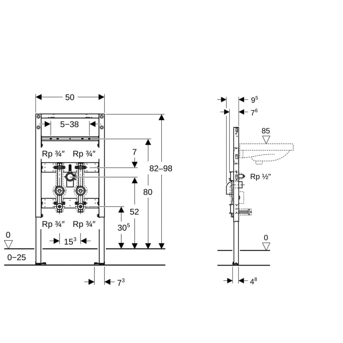 Geberit Duofix Element für Waschtisch 82 - 98 cm, Standarmatur, mit zwei Wasserzählerstrecken, Unterputz-Kugelhahn und Anschluss T-Stück