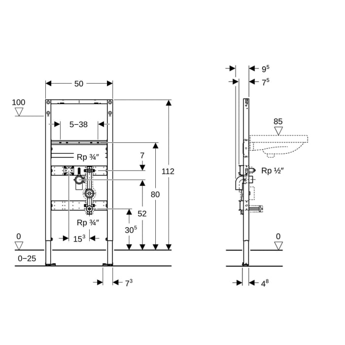 Geberit Duofix Element für Waschtisch 112 cm, Standarmatur, mit einer Wasserzählerstrecke, Unterputz-Kugelhahn und Anschluss T-Stück