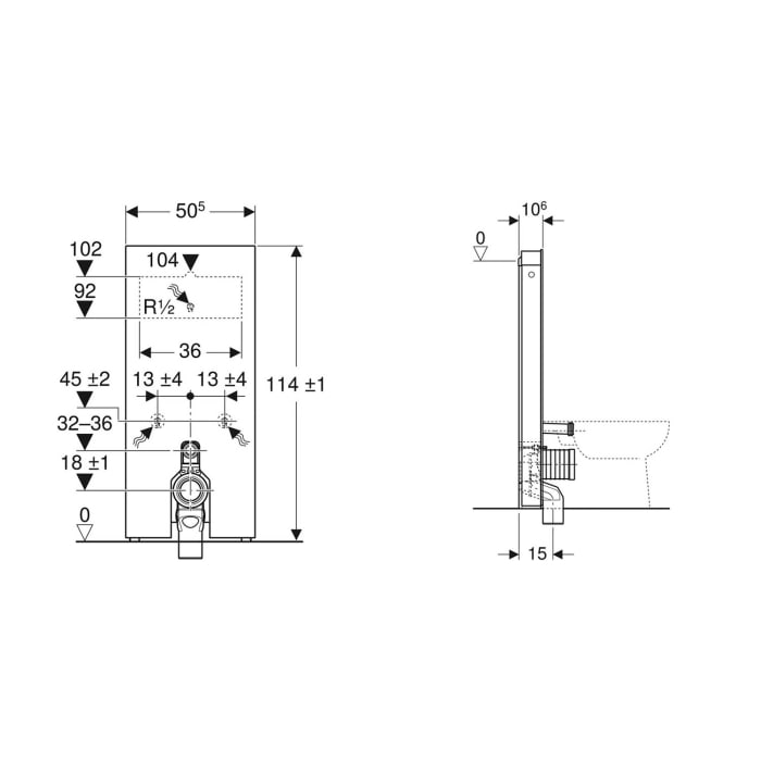 Geberit Monolith Sanitärmodul für Stand-WC, 114 cm, mit P-Anschlussbogen, Wasseranschluss hinten mittig