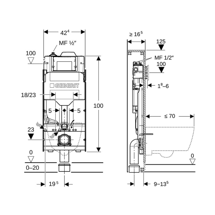 Geberit GIS Element für Wand-WC, 125 cm, mit Sigma Unterputzspülkasten, mit HS50 Hygienespülung, 1 Wasseranschluss