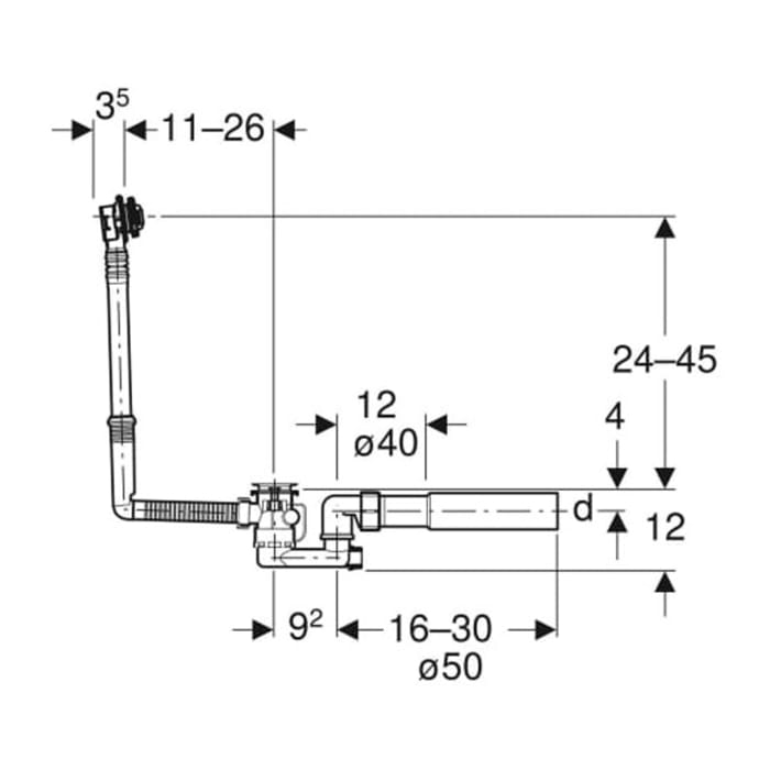 Geberit Badewannenablauf mit Drehbetätigung, d52, Länge 26 cm