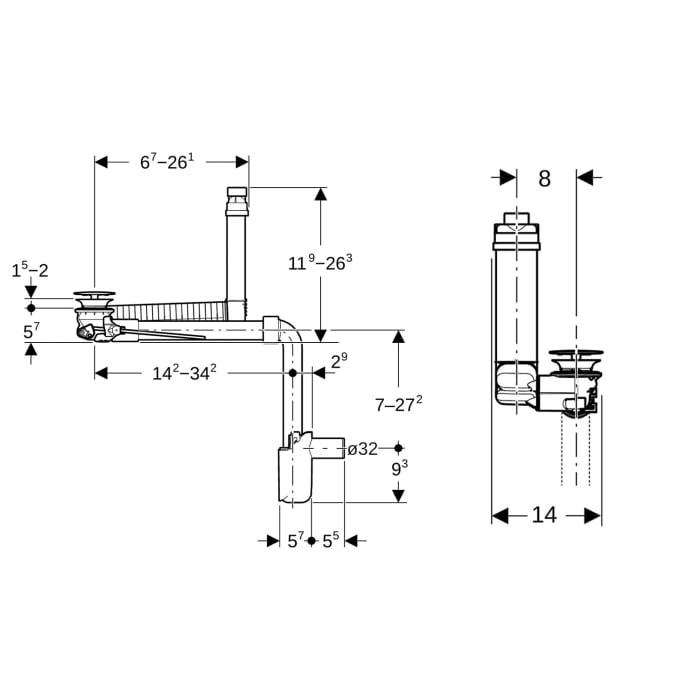 Geberit ONE Clou Waschbeckenablauf Raumsparmodell, schmale Ausführung, mit Hebelbetätigung