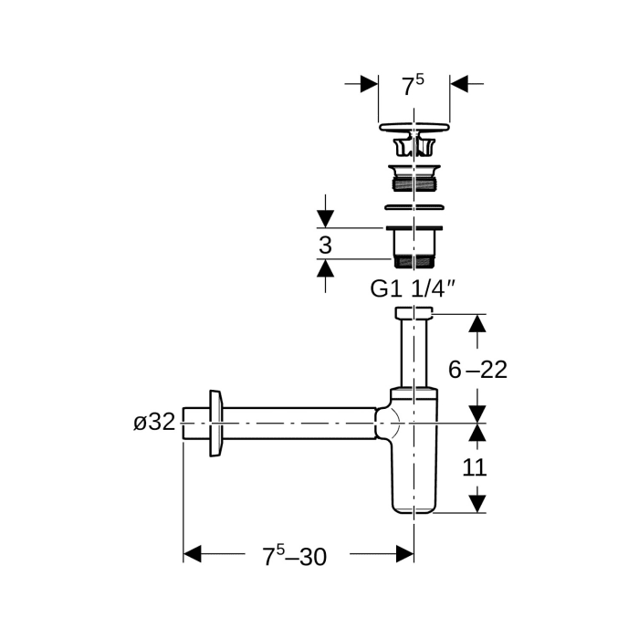 Geberit ONE Waschbeckenablauf mit Geruchsverschluss, Ventilabdeckung und Manschette
