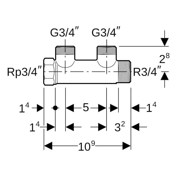 Geberit Mepla Verteiler mit Gewindeanschluss und Verteilerabgang für Eurokonus, R=3/4
