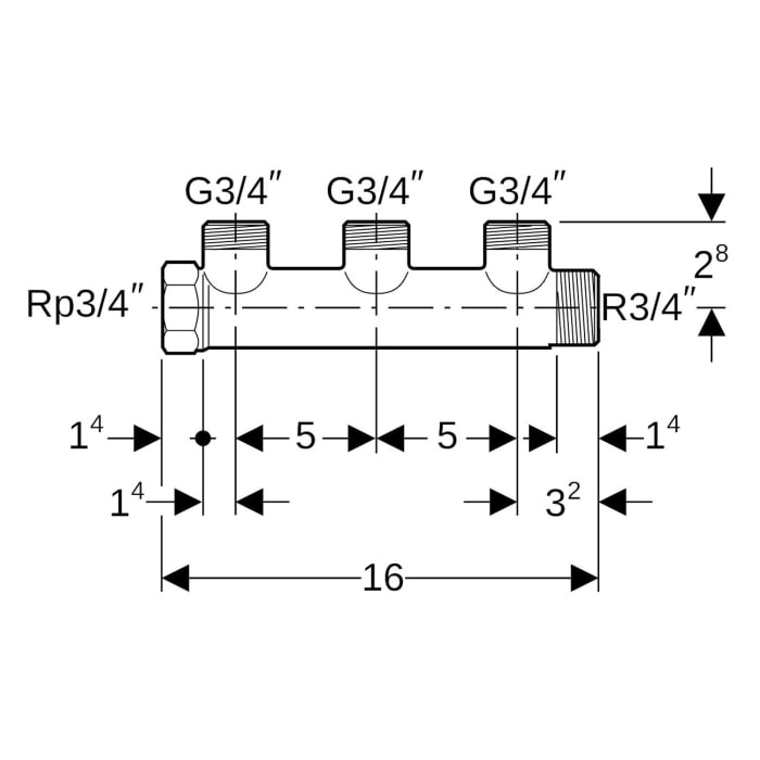 Geberit Mepla Verteiler mit Gewindeanschluss und Verteilerabgang für Eurokonus, R=3/4