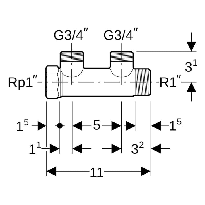 Geberit Mepla Verteiler mit Gewindeanschluss und Verteilerabgang für Eurokonus, R=1