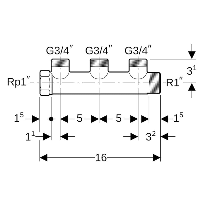 Geberit Mepla Verteiler mit Gewindeanschluss und Verteilerabgang für Eurokonus, R=1