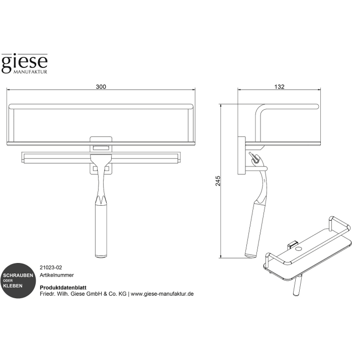 Giese Gifix 21. Dusch Konsole mit hoher Reling, Haken und Wischer