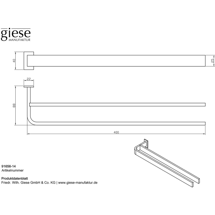 Giese Handtuchhalter doppelt 40 cm für Befestigung am Badmöbel