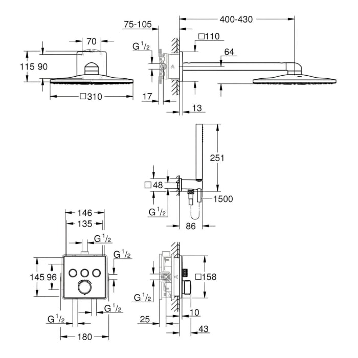GROHE Precision SmartControl Duschsystem UP, mit Vitalio SmartActive 310, eckig