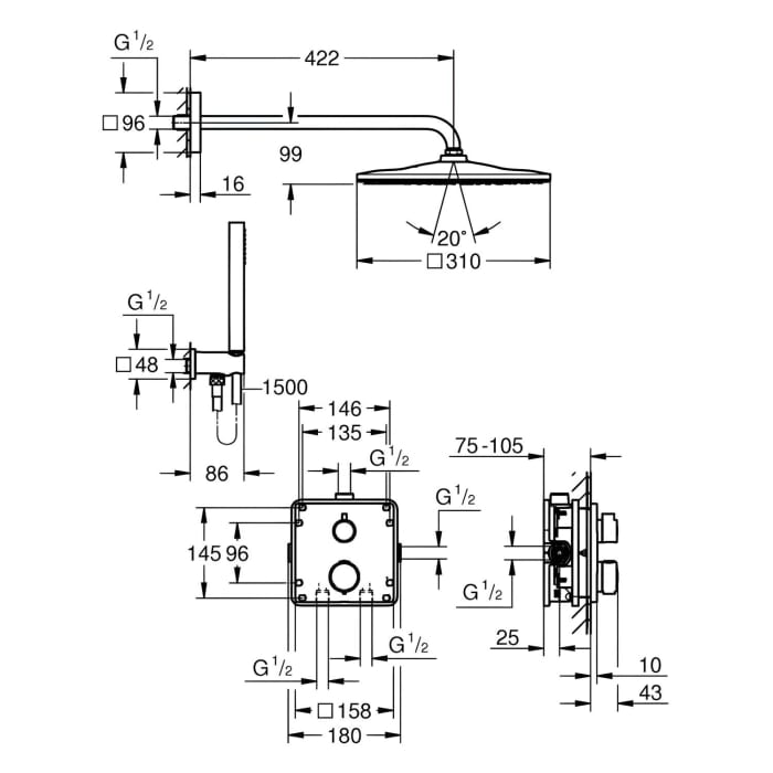 GROHE Precision Duschsystem Unterputz mit Vitalio Rain Mono 310, eckig