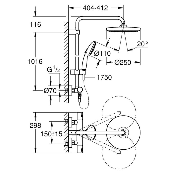 GROHE Vitalio Start 250 Duschsystem mit Thermostatbatterie für Wandmontage