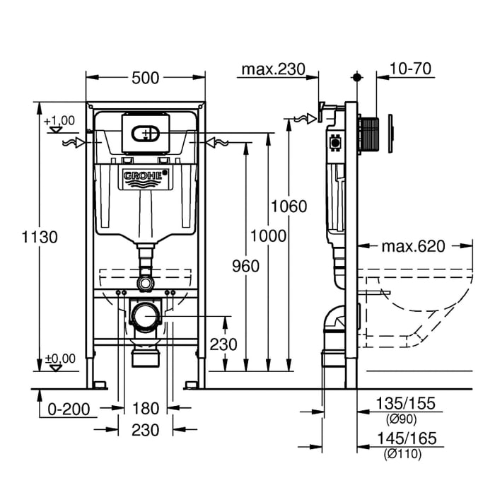 GROHE Solido 3 in 1-Set für WC, Bauhöhe 113 cm mit Abdeckplatte Arena Cosmopolitan