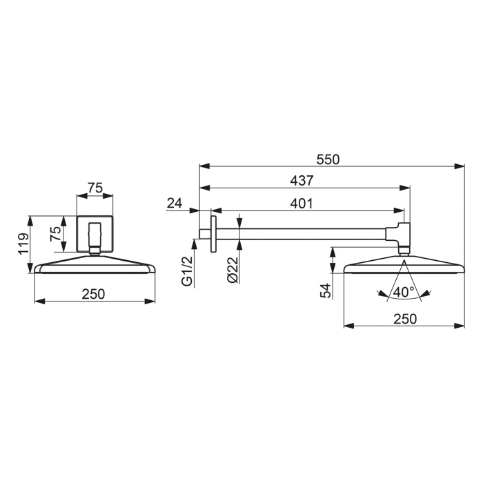 Hansa HANSAAURELIA Kopfbrause eckig 25 x 25 cm mit Brausearm