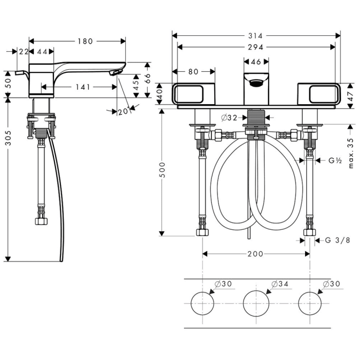 AXOR Urquiola 3-Loch-Waschtischarmatur mit Platte