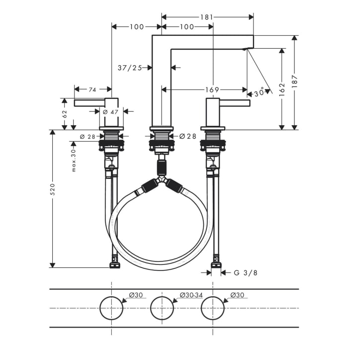 hansgrohe Finoris 3-Loch Waschtischarmatur 160 mit Push-Open Ablaufgarnitur