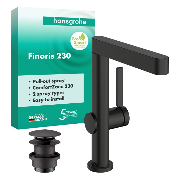 hansgrohe Finoris Einhebel-Waschtischarmatur 230 mit Ausziehbrause, 2 Strahlarten und Push-Open Ablaufgarnitur