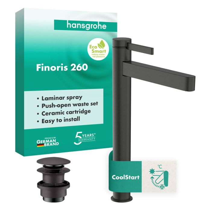 hansgrohe Finoris Einhebel-Waschtischarmatur 260 CoolStart für Aufsatzwaschtische mit Push-Open Ablaufgarnitur
