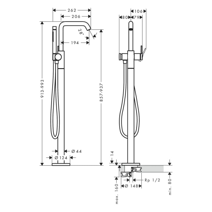 hansgrohe Tecturis S Einhebel-Wannenarmatur bodenstehend