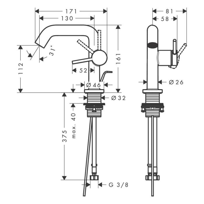 hansgrohe Tecturis S Einhebel-Waschtischarmatur 110 Fine CoolStart wassersparend+ mit Zugstangen-Ablaufgarnitur