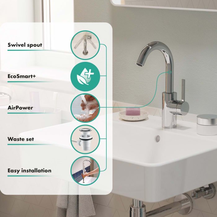 hansgrohe Zesis S Einhebel-Waschtischarmatur 210 CoolStart mit Schwenkauslauf und Zugstangen-Ablaufgarnitur