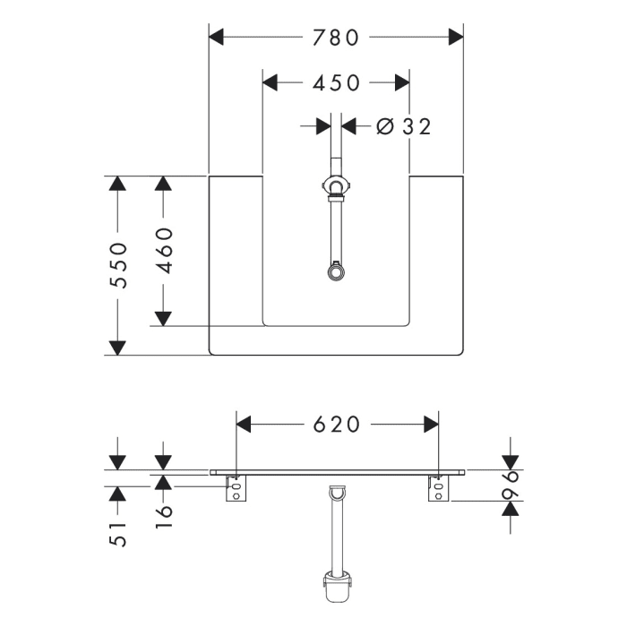 hansgrohe Xelu Q Konsole mit Ausschnitt mittig 78 x 55 cm, für Aufsatzwaschtisch geschliffen 50 x 48 cm