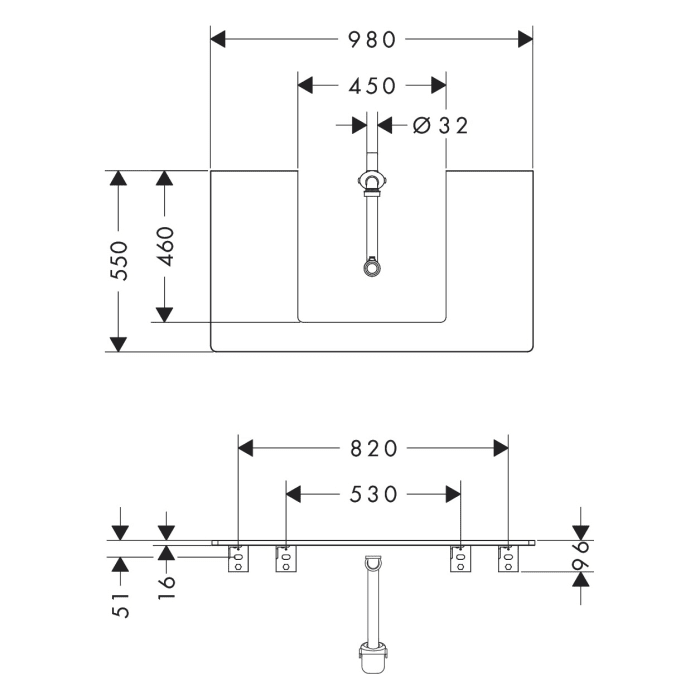 hansgrohe Xelu Q Konsole mit Ausschnitt mittig 98 x 55 cm, für Aufsatzwaschtisch geschliffen 50 x 48 cm