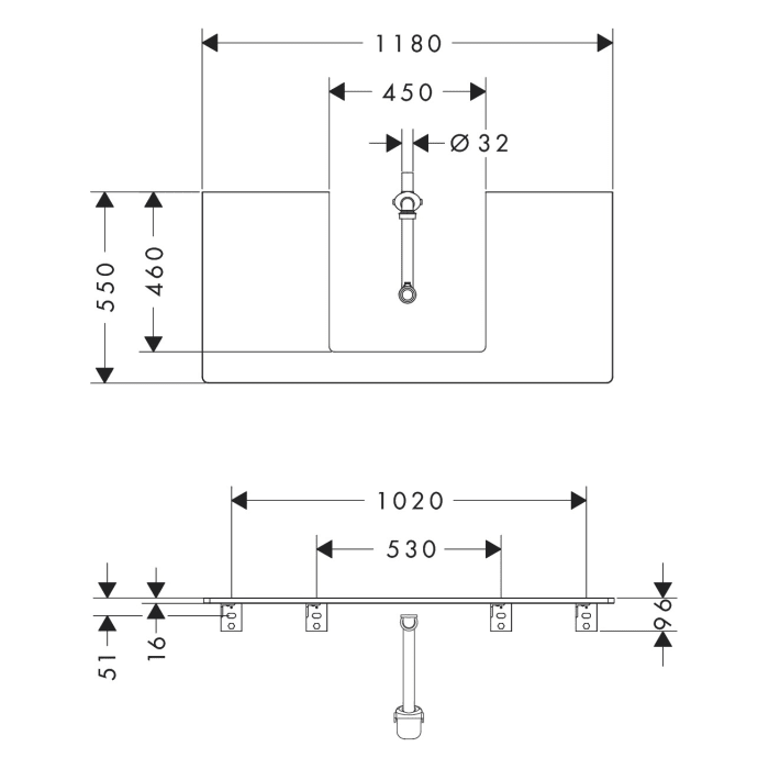 hansgrohe Xelu Q Konsole mit Ausschnitt mittig 118 x 55 cm, für Aufsatzwaschtisch geschliffen 50 x 48 cm