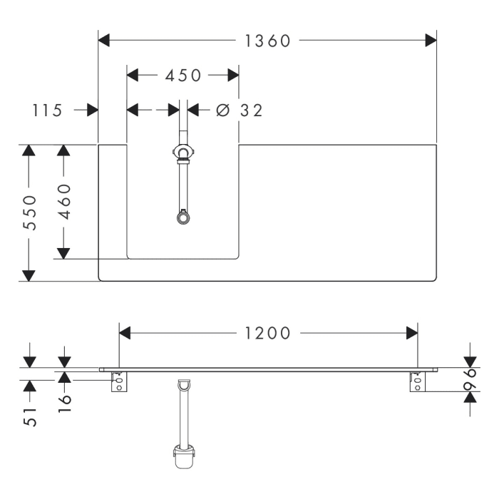 hansgrohe Xelu Q Konsole mit Ausschnitt links 136 x 55 cm, für Aufsatzwaschtisch geschliffen 50 x 48 cm