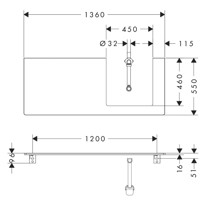 hansgrohe Xelu Q Konsole mit Ausschnitt rechts 136 x 55 cm, für Aufsatzwaschtisch geschliffen 50 x 48 cm