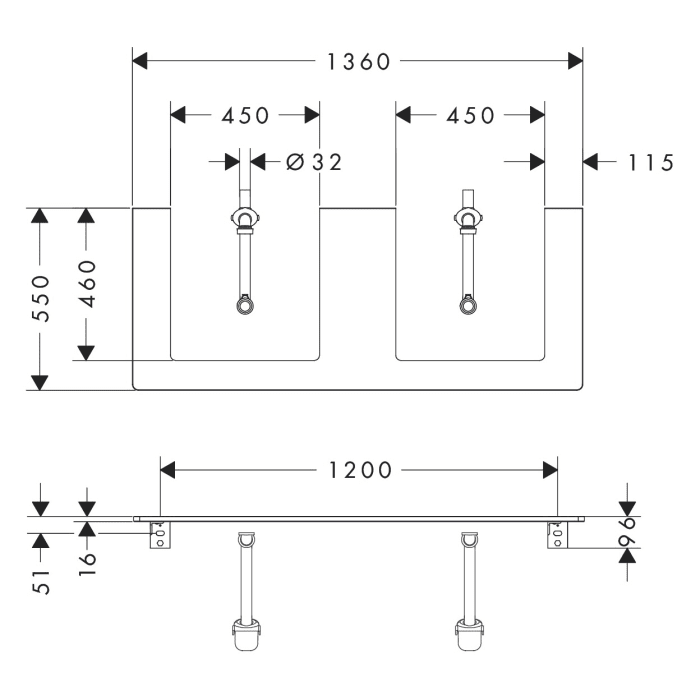 hansgrohe Xelu Q Konsole mit 2 Ausschnitten 136 x 55 cm, für Aufsatzwaschtisch geschliffen 50 x 48 cm