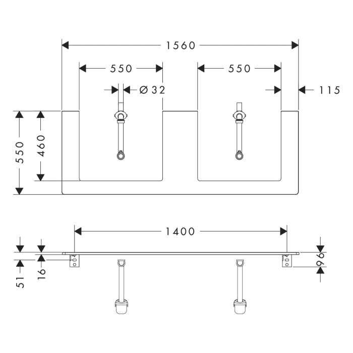 hansgrohe Xelu Q Konsole mit 2 Ausschnitten 156 x 55 cm, für Aufsatzwaschtisch geschliffen 60 x 48 cm