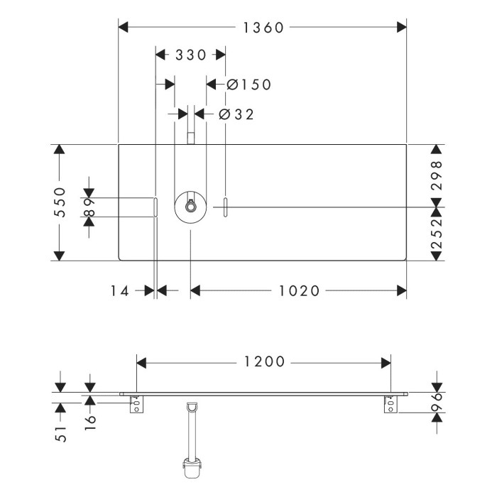 hansgrohe Xelu Q Konsole mit Ausschnitt links 136 x 55 cm, für Aufsatzwaschtisch ohne Hahnloch