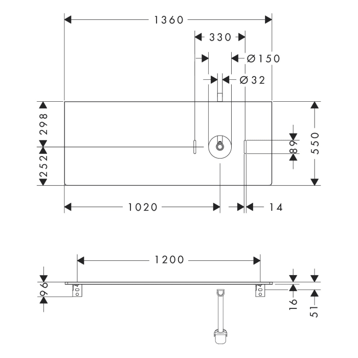 hansgrohe Xelu Q Konsole mit Ausschnitt rechts 136 x 55 cm, für Aufsatzwaschtisch ohne Hahnloch