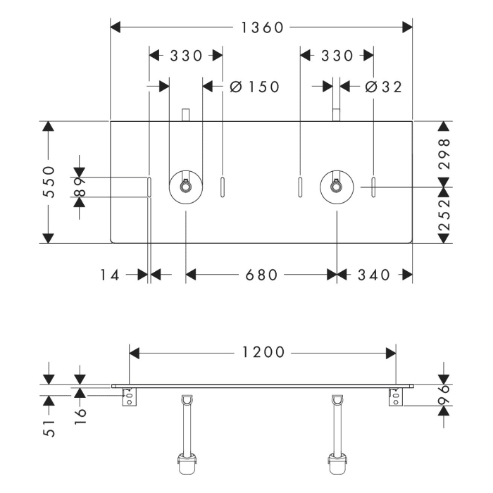hansgrohe Xelu Q Konsole mit 2 Ausschnitten 136 x 55 cm, für Aufsatzwaschtisch ohne Hahnloch