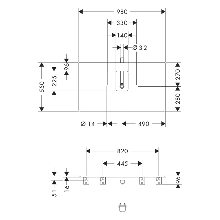 hansgrohe Xelu Q Konsole mit Ausschnitt mittig 98 x 55 cm, für Aufsatzwaschtisch mit Hahnloch