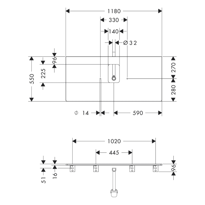 hansgrohe Xelu Q Konsole mit Ausschnitt mittig 118 x 55 cm, für Aufsatzwaschtisch mit Hahnloch