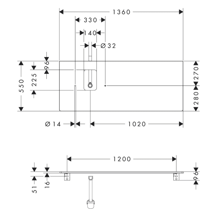 hansgrohe Xelu Q Konsole mit Ausschnitt links 136 x 55 cm, für Aufsatzwaschtisch mit Hahnloch