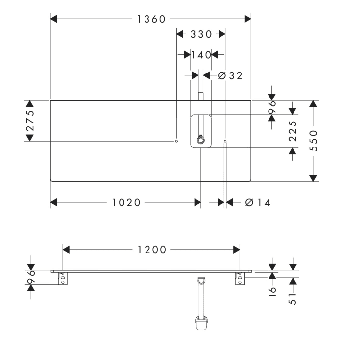 hansgrohe Xelu Q Konsole mit Ausschnitt rechts 136 x 55 cm, für Aufsatzwaschtisch mit Hahnloch