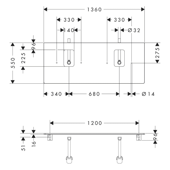 hansgrohe Xelu Q Konsole mit 2 Ausschnitten 136 x 55 cm, für Aufsatzwaschtisch mit Hahnloch