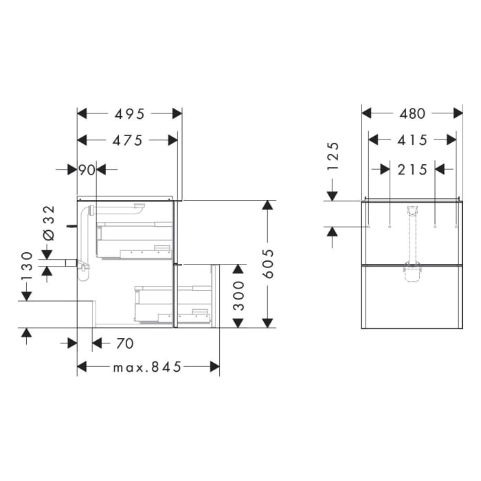 hansgrohe Xelu Q Waschtischunterschrank 48 x 60,5 cm, 2 Schubkästen, Griff mattschwarz