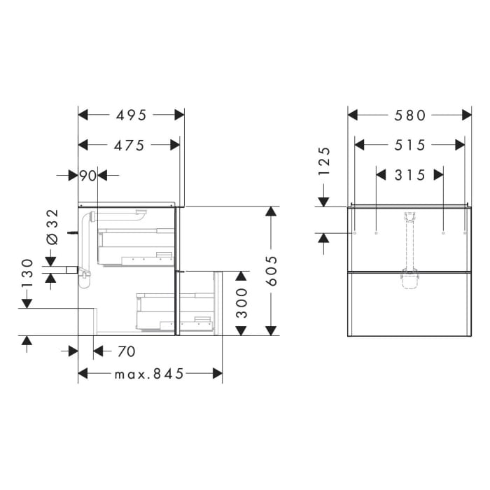 hansgrohe Xelu Q Waschtischunterschrank 58 x 60,5 cm, 2 Schubkästen, Griff chrom