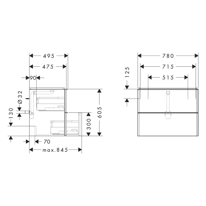 hansgrohe Xelu Q Waschtischunterschrank 78 x 60,5 cm, 2 Schubkästen, Griff chrom