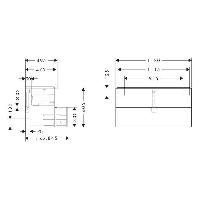 hansgrohe Xelu Q Waschtischunterschrank 118 x 60,5 cm, 2 Schubkästen, Griff mattschwarz
