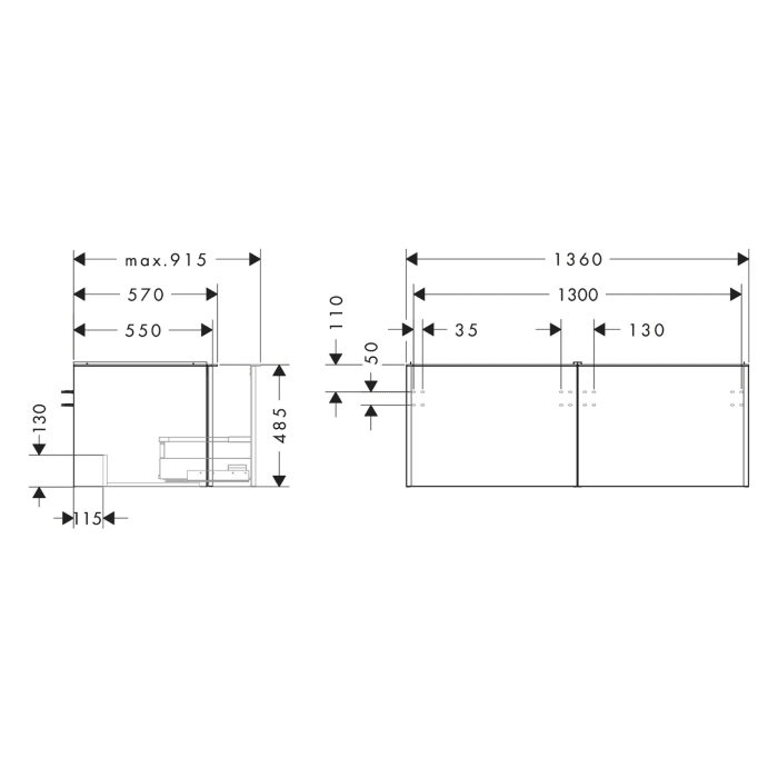 hansgrohe Xelu Q Waschtischunterschrank für Konsole 136 x 48,5 cm, 2 Schubkästen, Griff chrom