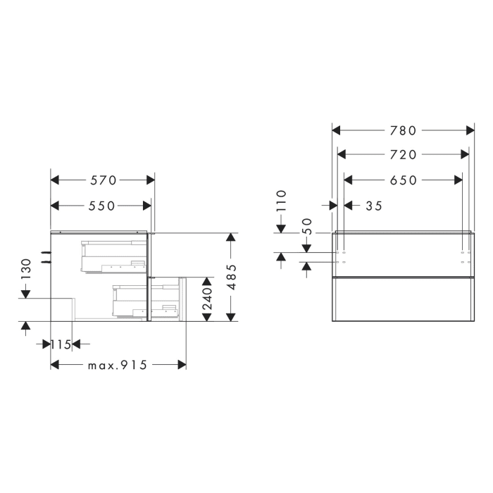 hansgrohe Xelu Q Waschtischunterschrank für Konsole 78 x 48,5 cm, 2 Schubkästen, Griff chrom