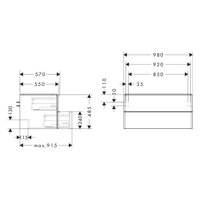 hansgrohe Xelu Q Waschtischunterschrank für Konsole 98 x 48,5 cm, 2 Schubkästen, Griff chrom