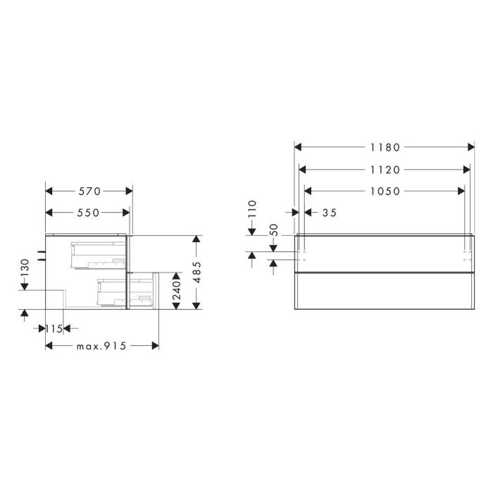 hansgrohe Xelu Q Waschtischunterschrank für Konsole 118 x 48,5 cm, 2 Schubkästen, Griff chrom