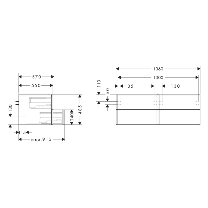 hansgrohe Xelu Q Waschtischunterschrank für Konsole 136 x 48,5 cm, 4 Schubkästen, Griff chrom