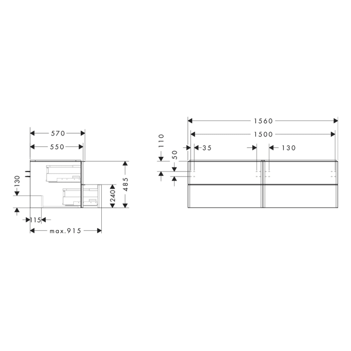hansgrohe Xelu Q Waschtischunterschrank für Konsole 156 x 48,5 cm, 4 Schubkästen, Griff chrom